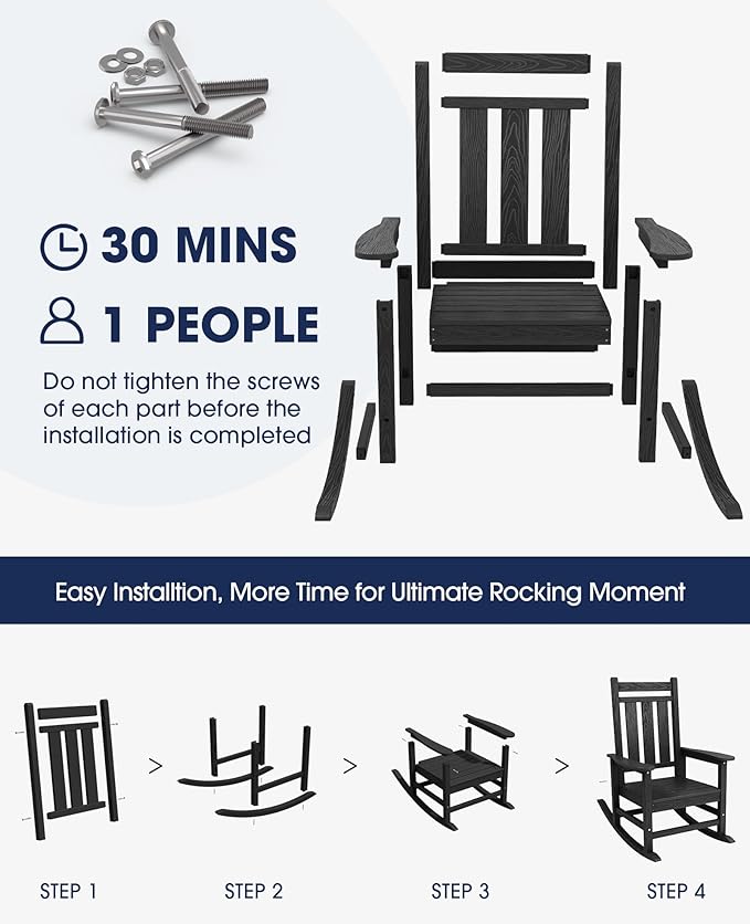 KINGYES Oversized Outdoor Rocking Chair, All-Weather Patio Rocking Chairs for Porch, HDPE Outdoor Patio Rockers with High Back & Wide Seat for Garden, Lawn, Black