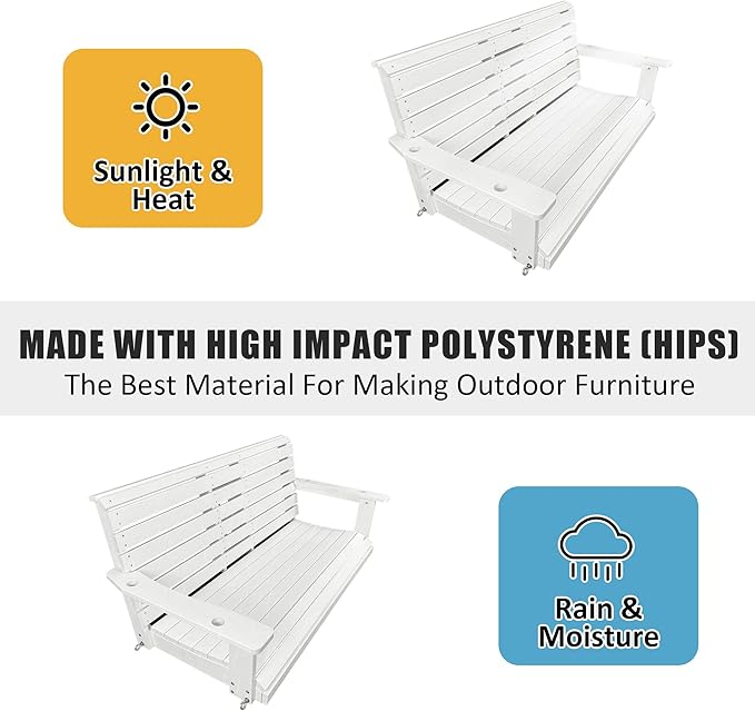 Poly Lumber 3-Seat Porch Swing, HIPS 5-Feet Bench Swing with Foldable Cup Holders,18/8 Stainless Steel Hardware, High Backrest and Deep Contoured Seat, Snow White