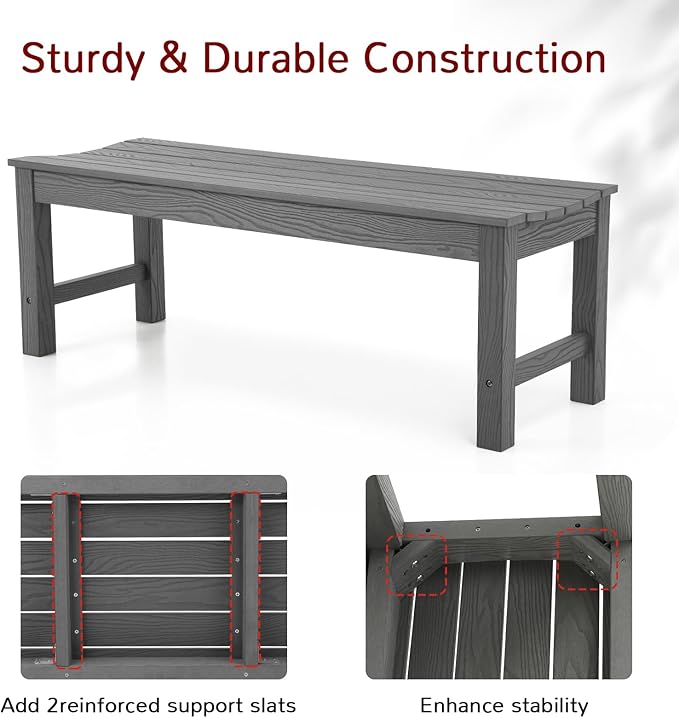 Stoog Outdoor Bench, 2-Person Outdoor Poly Lumber Backless Bench, Weatherproof Garden Bench, Never Rot or Fade, Suit for Church, Backyard, Porch and Park, Grey