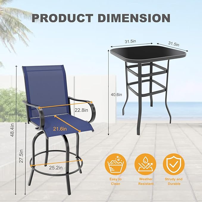 5 PCS Outdoor Bar Set with Outdoor Bistro Table and Chairs Set of 4, Bar Height Outdoor Dining Set, All Weather Mental Textilene High Swivel Bar Stools Chair Set of 4 and High Glass Bar Table