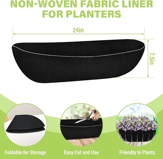 Riare 6 Pack 24 Inch Black Felt Window Box Liners- Fabric Trough Planter Basket Liners Replacement, Non-Woven Hanging Plant Liner for Wall Hanging Basket, Garden Fence Railing (Avoid Bird Nesting)