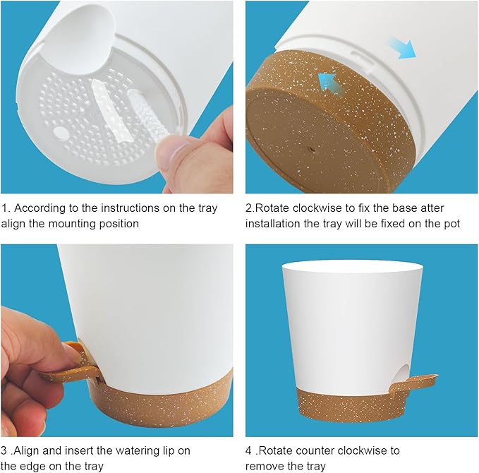Self Watering Pots, 7/6.5/6/5.5/5/4 inch Flower Pots with Multi Mesh Drainage Holes, Small Platic Planters for Indoor Outdoor Garden Plants and Flowers (Whtie with Brown Tray, 7"+6.5"+6"+5.5"+5"+4")
