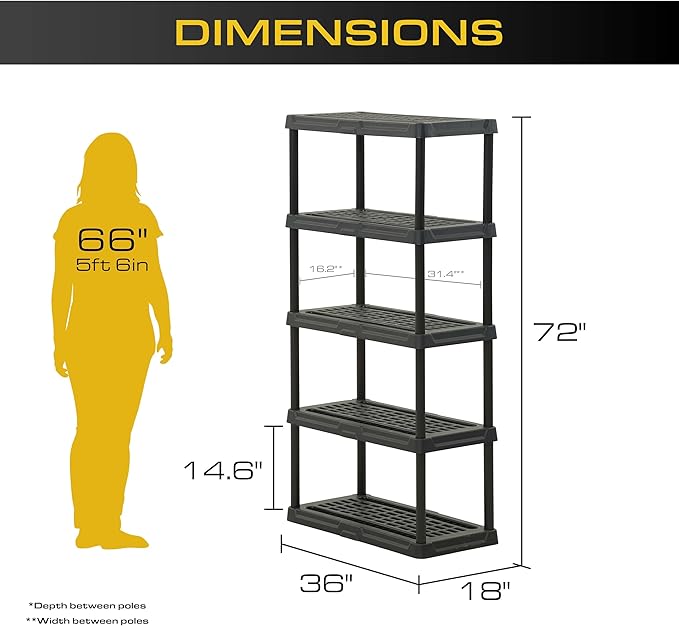 CX 5-Tier Heavy Duty Plastic Storage Shelves that Support up to 150lbs/shelf, Organization and Storage, Weather-Resistant Design, Easy Assembly, Black (72”H x 36”W x 18”D)