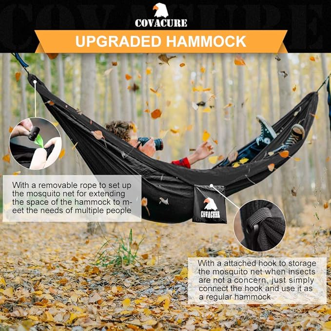 Covacure Camping Hammock - 772lbs Capacity Double Hammock with Tree Straps, Lightweight Parachute Nylon Outdoor Survival Gear for Hiking, Backpacking, Travel or Backyard (Black)