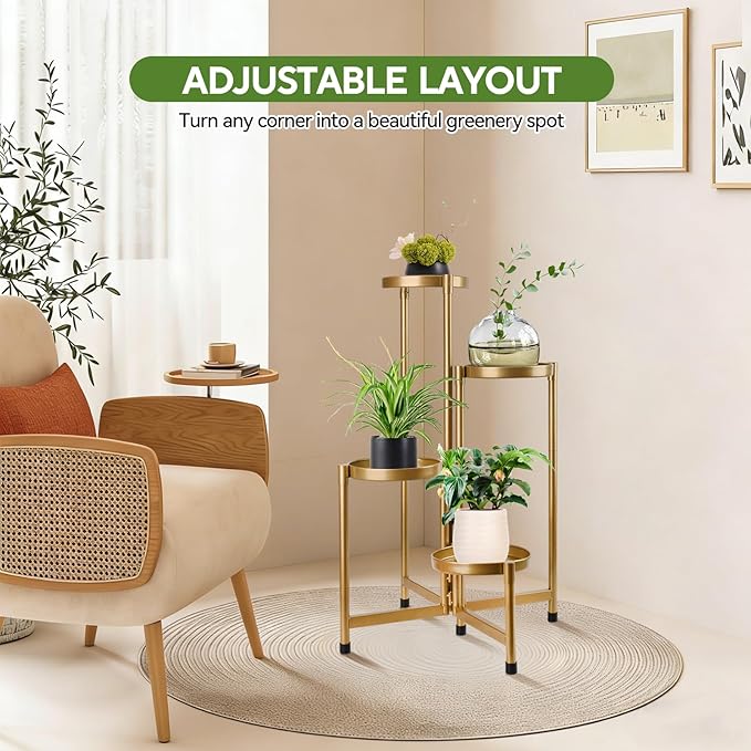 4 Tier 31 Inch Plant Stand Indoor Outdoor, Metal Plant Shelf Waterproof, Plant Holder with Folding Design For Home, Living Room, New Upgrate Gold