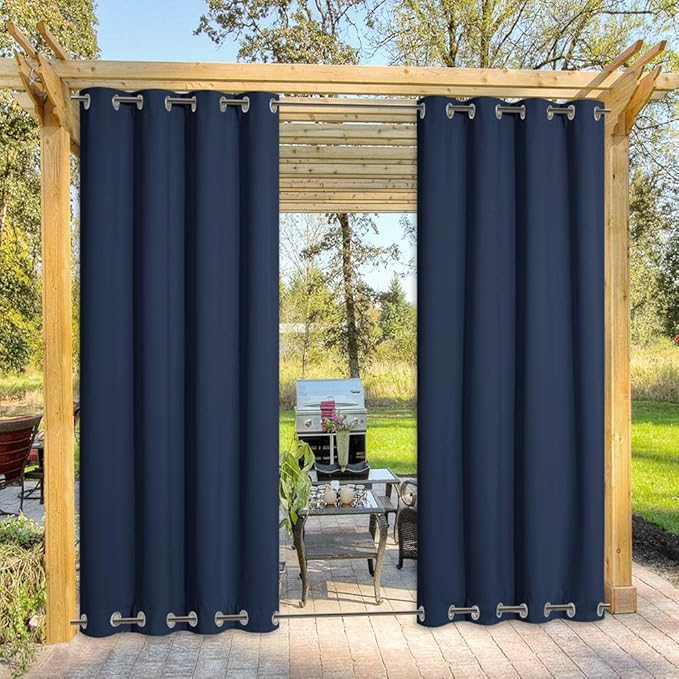 NICETOWN Outdoor Curtain for Patio Waterproof Extra Long 120", Windproof Thermal Insulated Top and Bottom Stainless Steel Grommets Blackout Outdoor Drape for Arbor, Navy Blue, 1 Piece, 52" Wide