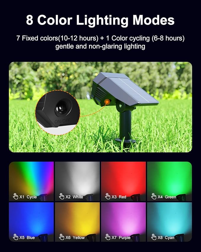 6 Pack Color Changing Solar Powered Outdoor Spot Lights Outside Landscape Waterproof 24 LED Spotlights Dusk to Dawn for Christmas Decorations,Tree, Snowman, Elk Statues, 8 Colorful for Accent Lighting