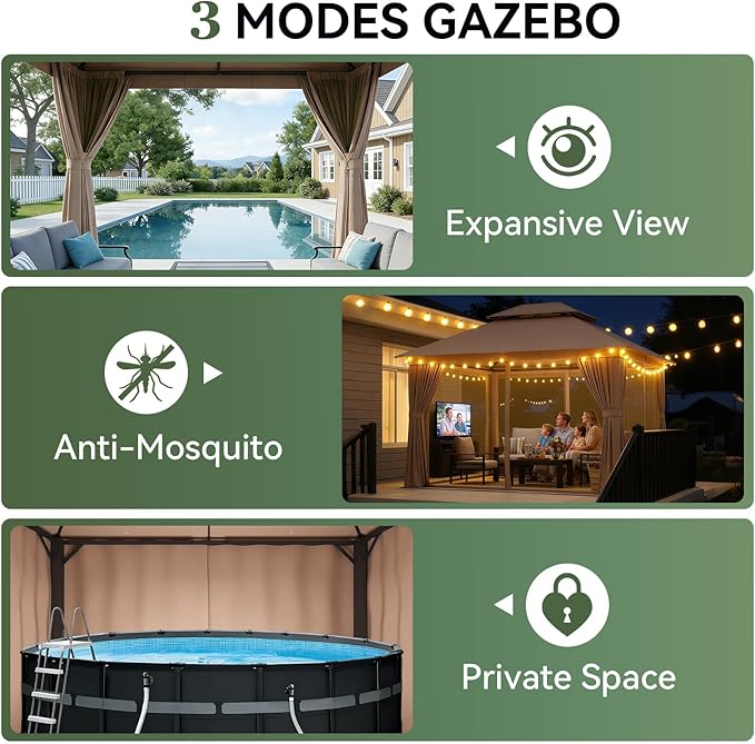 Aoxun 10x10 Outdoor Gazebo with 50FT LED Hanging Lights Metal Frame Canopy with Double Roofs Heavy Duty Party Tent Shelter with Mosquito Netting and Privacy Screen for Backyard, Lawn, Garden(Khaki)