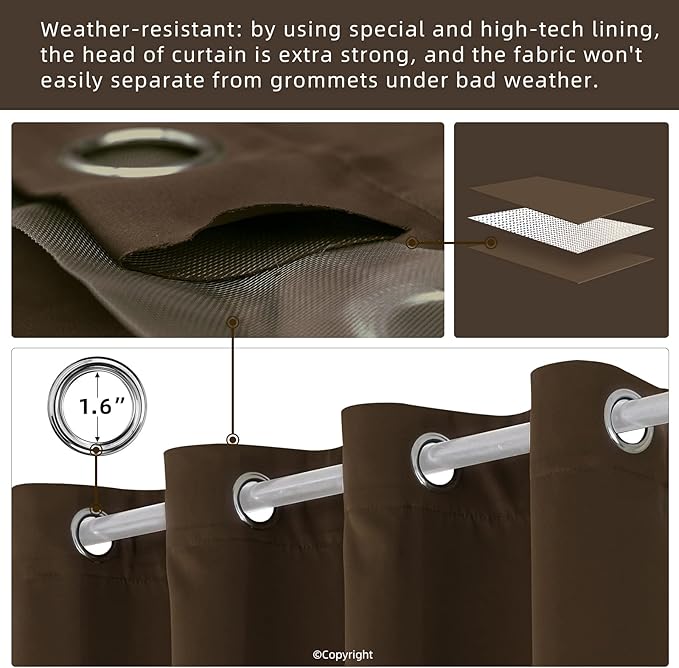 Waterproof Outdoor Curtain W52 x L84 - Grommet Top Sunlight Blocking Window Treatment Drapes Blackout Curtains for Home Bedroom Living Room Outdoor Patio Porch Pergola Cabana Gazebo (2 Panels)