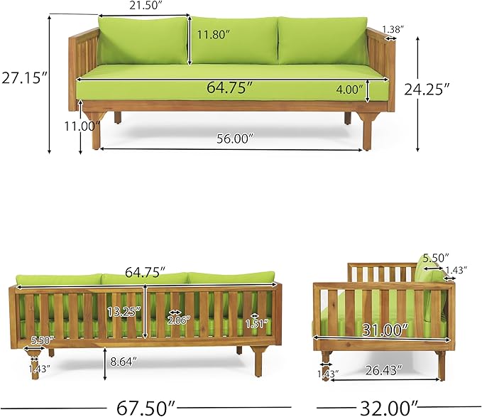 Claremont Outdoor 3 Seater Daybed with Cushions - Acacia Wood - Teak/Green