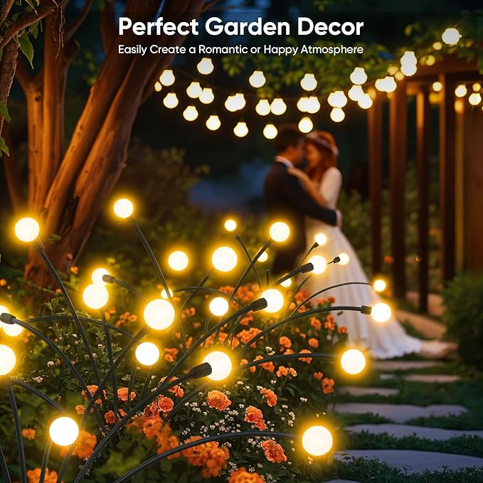 Outdoor Solar Garden Lights: 4 Pack 32 LED Firefly Solar Powered Lamps - Bright Outside Waterproof Pathway Lighting Modern Yard Patio Decorations - 2025 Gardening Gifts for Women Mom Friends