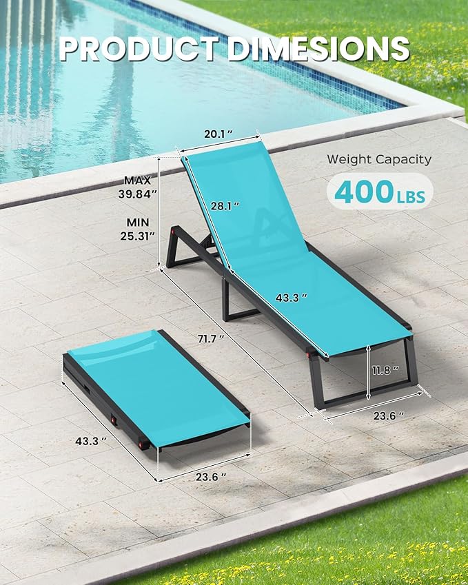 Aluminum Chaise Lounge Outdoor Set of 2, Foldable & Assembly Free Patio Pool Lounge Chairs 5-Position Recliner for Outside Poolside, Fully Grounded Legs Sun Lounger for Beach, Yard, Lake Blue