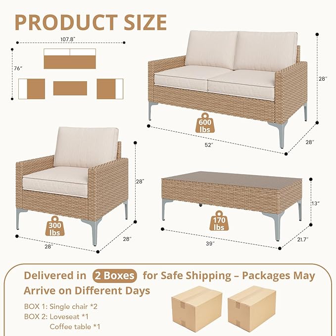 4-Piece Patio Furniture Set, Outdoor Wicker Sectional Sofa with Coffee Table, Anti-Slip & Thick All-Weather Cushions for Garden, Poolside, Backyard, Beige