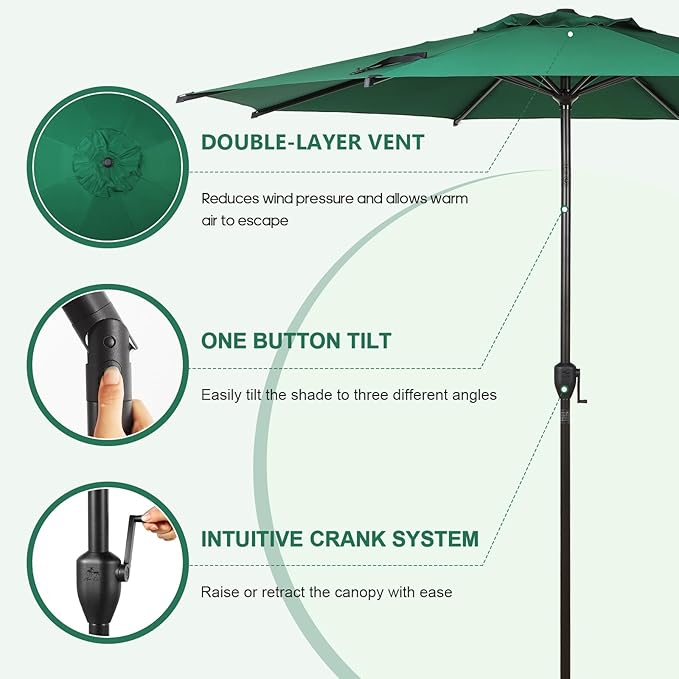 Abba Patio 11FT Lyon Outdoor Patio Umbrella Outdoor Table Umbrella with Push Button Tilt and Crank Market Umbrella 8 Sturdy Ribs UV Protection Waterproof for Garden Deck Backyard Pool Dark Green