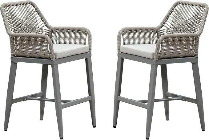 PURPLE LEAF Outdoor 24" Counter Height Bar Stools Chair Set of 2, All Weather Rattan and Aluminum Patio Bar Stool with Cushion for Indoor and Outdoor, Kitchen Island, Light Grey
