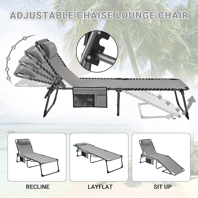 KingCamp Lounge Chair Outdoor, Folding Tanning Chairs Comfy Adjustable 5-Position Lay Flat Foldable Chaise Chaser Lounger with Pillow for Outside Beach Patio Sun Bathing Pool Backyard, Grey