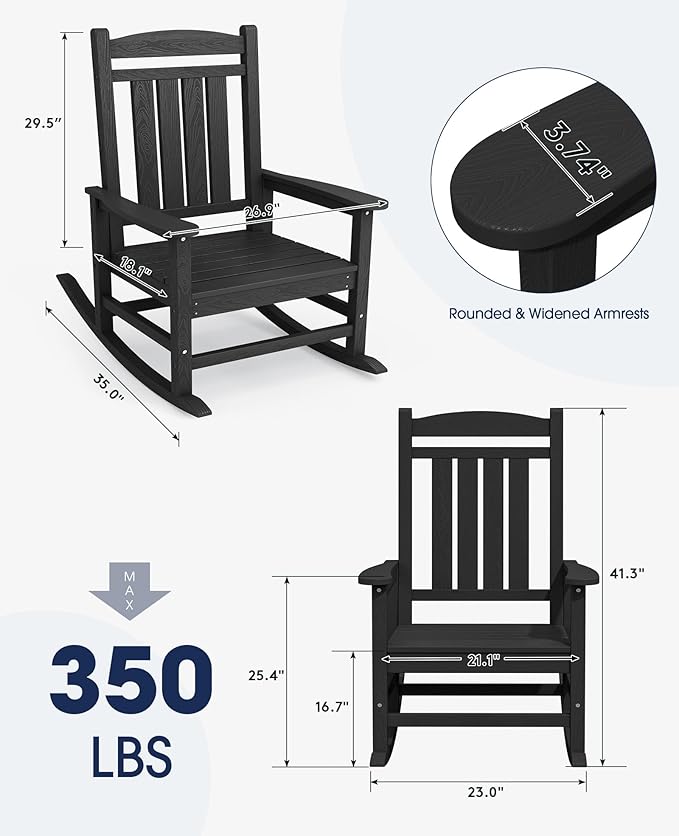 KINGYES HDPE Outdoor Rocking Chair Set of 4, Widened Seat Patio Rocking Chair, Oversized All Weather Patio Rocker, Black