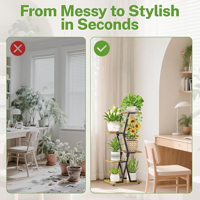 iDavosic.ly 4 Tier Indoor Plant Stand, Corner Tall Metal & Wood Flower Shelf, Orchid Display Rack for Living Room Balcony Patio Porch, Space Saving & Multifunctional Display, Black & Brown