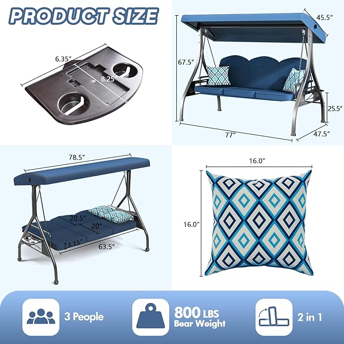 3 Seat Outdoor Porch Patio Swing with Stand 800lbs 2-in-1 Convertible Swing Bed with Adjustable Canopy & Removable Cushion for Yard Garden Deck (Blue, Square Tube)