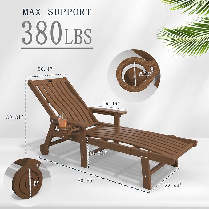 Patio Chaise Lounge Chair, Oversized Lounge Chair Outdoor with 5 Positions, HDPE, Patio Lounge Chair with Wheels & Cup Holder for Pool, Deck, Poolside,Wood