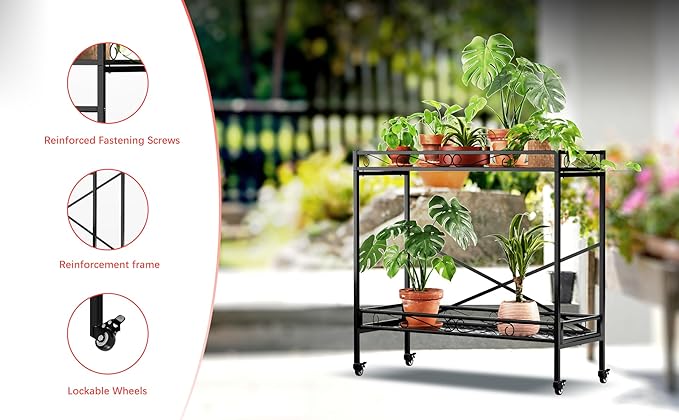 Zhongma 2 Tier Sturdy Metal Plant Stand with Wheels, 40.5x16x39.4 Inch High, Heavy Duty Succulent Shelf for Home Indoor and Outdoor, 440 LBS Capacity & Heavy Duty Construction
