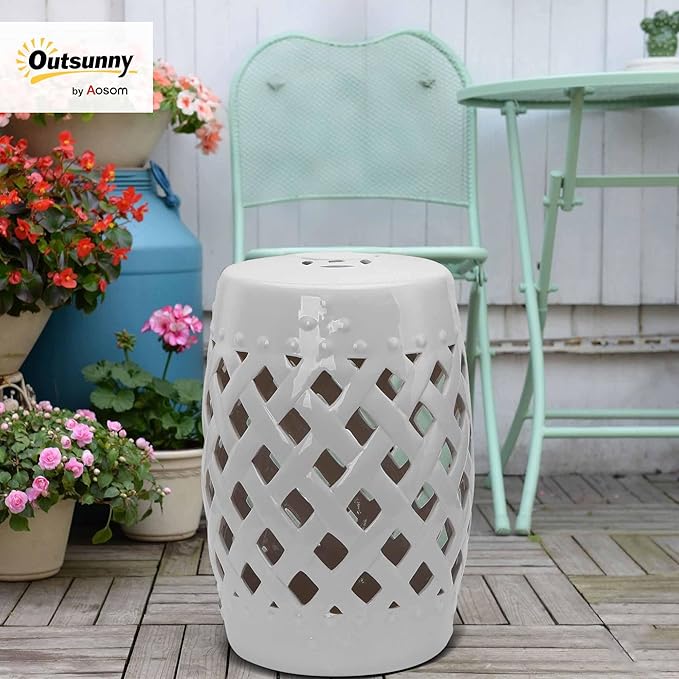 Outsunny 13" x 18" Ceramic Garden Stool with Woven Lattice Design & Glazed Strong Materials Decorative Outdoor Stool, White