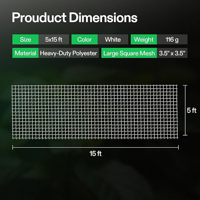 VIVOSUN 5 x 15 ft. Plant Trellis Netting, Heavy-Duty Polyester Grow Net, Garden Trellis Netting with Square Mesh for Climbing Plants, Vegetables, Fruits, and Flowers, 1-Pack