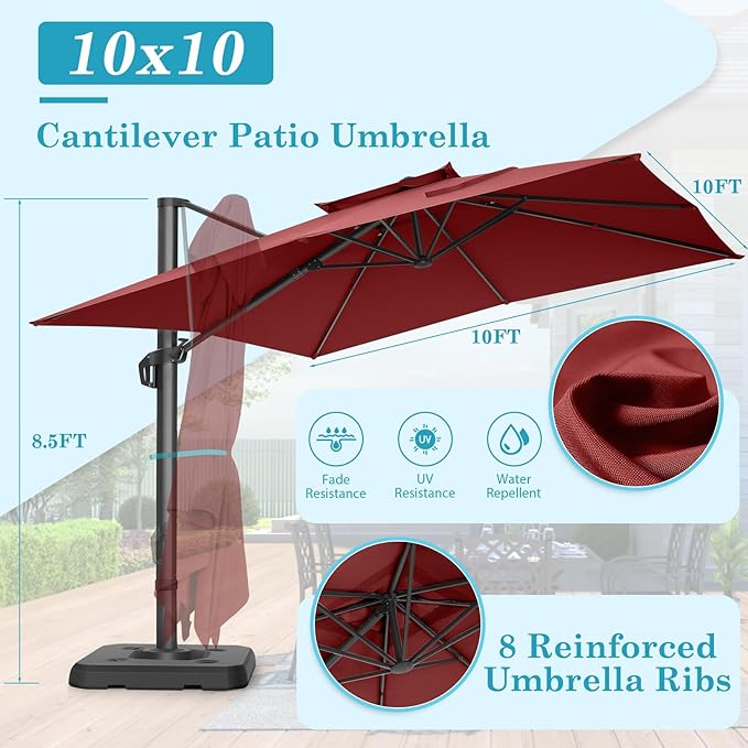 HOTEEL10x10ft Patio Umbrella Cantilever Umbrellas - Upgrade and Intensify - 360 Rotation and 5 Angles Adjustment - Aluminum Offset Pool Umbrella Outdoor Umbrellas for Patio Garden Pool