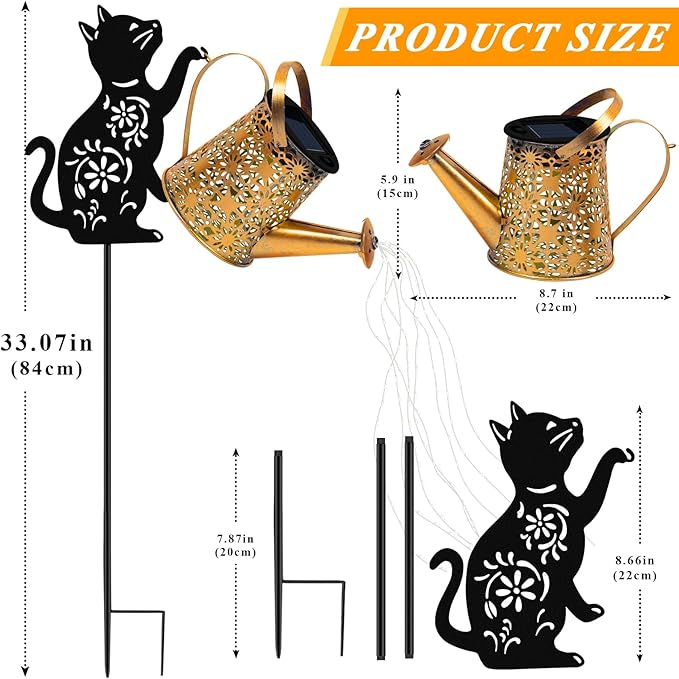 Solar Lights Outdoor Decorative, Watering Can with Cascading Lights, with Cat Silhouette Garden Stakes, Waterproof Metal Garden Decor for Yard Art, Outside, Patio, Lawn 2PACK