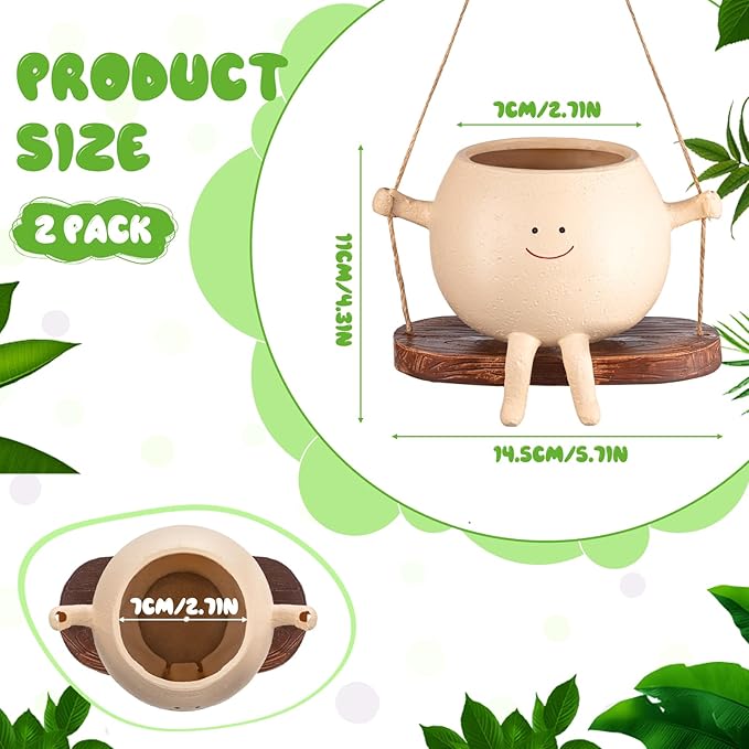 Domensi 2 Pcs Swing Hanging Planter Cute Smile Flower Face Pot Indoor Outdoor Pots for Succulent String of Pearls Plants Plant Ideal Gifts for Christmas Birthday(Swing Spherical,Medium)