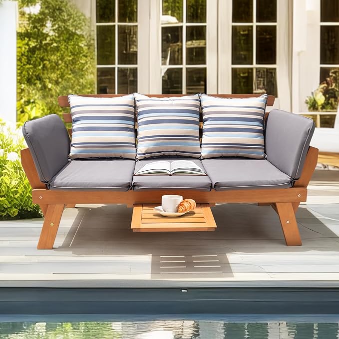 IDZO Amelie Eucalyptus Convertible Outdoor Sofa, 750lbs Capacity Patio Couch with Folding Armrest & Coffee Tray, FSC Certified Wood Furniture Set with 3 Pillows, High Static Load - Gray