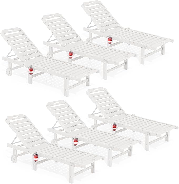 SERWALL Outdoor Chaise Lounge Set of 6, HDPE Pool Lounge Chair with 5-Position Adjustable Backrest, Patio Lounger with Rolling Wheels & Cup Holder for Pool, White