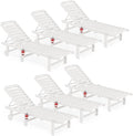 SERWALL Outdoor Chaise Lounge Set of 6, HDPE Pool Lounge Chair with 5-Position Adjustable Backrest, Patio Lounger with Rolling Wheels & Cup Holder for Pool, White