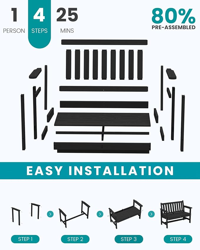 SERWALL Outdoor Bench, HDPE Outdoor Benches Weatherproof, 2-Person Garden Bench with 660 lbs Weight Capacity, Patio Benches for Outdoors, Garden, Porch, Backyard and Park, Black, 6 Pack