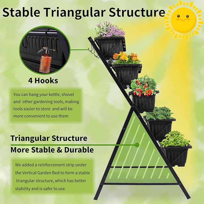 Homdox 3.74FT Vertical Garden Bed, 5 Tiers Vertical Raised Garden Planter, 23 * 26 * 45Inch Outdoor Garden Raised Bed with 4 Hooks, Vegetable Flower Planter Raised Stand for Garden Patio Yard, Black