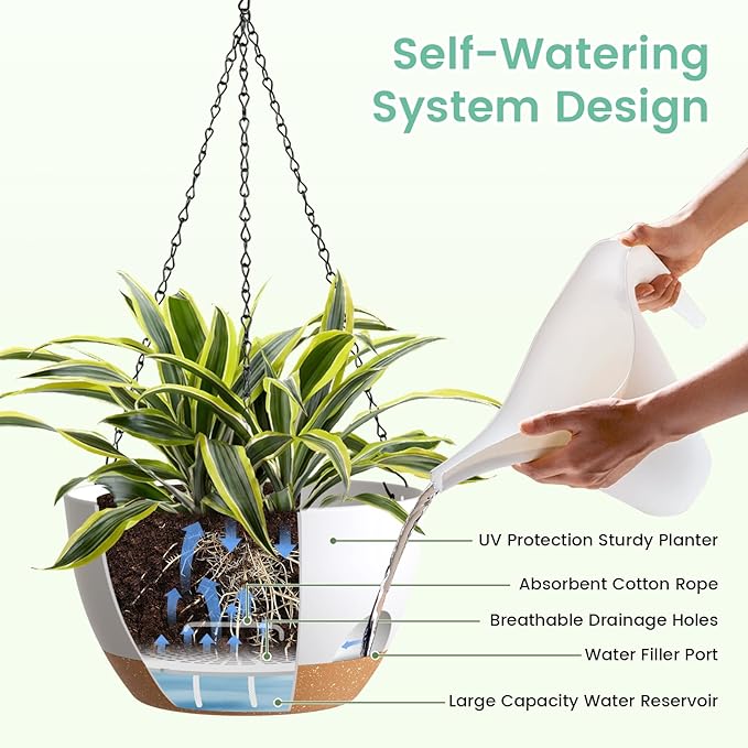 4 Pack 8 Inch Self Watering Hanging Planters for Indoor Outdoor Plants，Hanging Pots for Plants with Drainage Removable Tray, Hanging Baskets Flower Pots for Pothos Garden Porch White with Brown