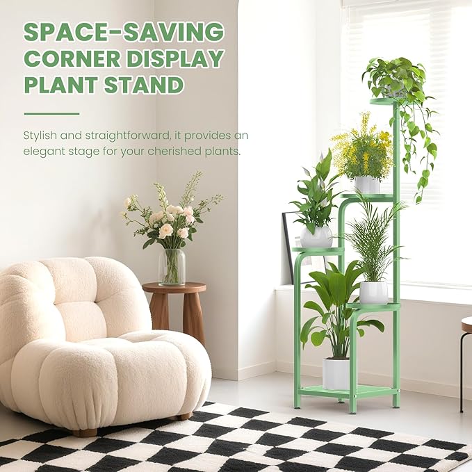 TOSKING 5 Tier Tall Plant Stand Indoor Outdoor, Heavy Duty Corner Shelf for Plants & Decor, Space Saving 3.9FT Metal Flower Pot Stand for Balcony, Garden, Living Room, Patio( Sage Green, 5Tier SQ Base)