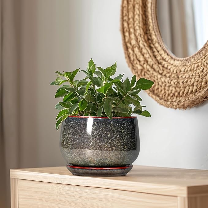G EPGardening Ceramic Planters - 9 Inch Ceramic Pots for Plants Indoor Outdoor, Round Planter with Drainage and Saucer, Modern Indoor Flower Pots, House Room Decor, Gift for Women Men, Speckled Brown