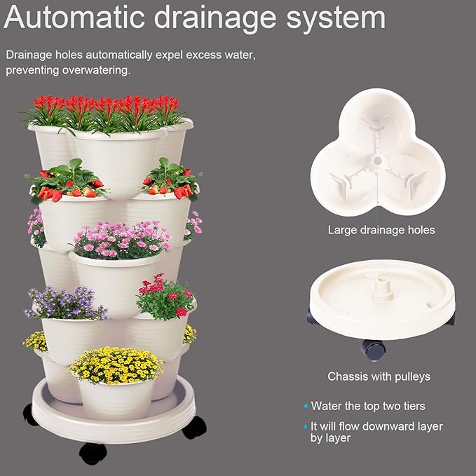 5-Tier Vertical Garden Tower Stackable Planter for Strawberries, Flowers, Vegetables & Herbs Beige