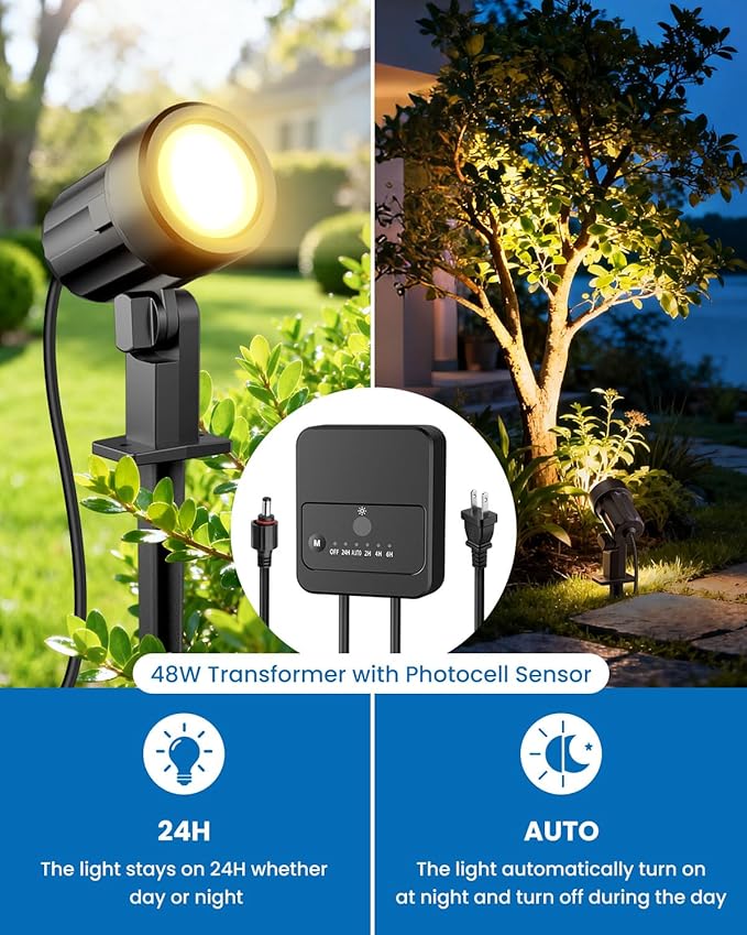 ZZXX All-in-One Low Voltage Landscape Lighting Kit, 12-Pack LED Landscape Lights with Transformer 100FT Wire and Connectors, 2700K Waterproof Landscape Spot Lights for Garden Yard House Tree