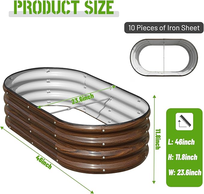 SnugNiture Galvanized Raised Garden Bed Outdoor, 2 Pcs 4x2x1ft Oval Metal Planter Box for Planting Plants Vegetables, Brown