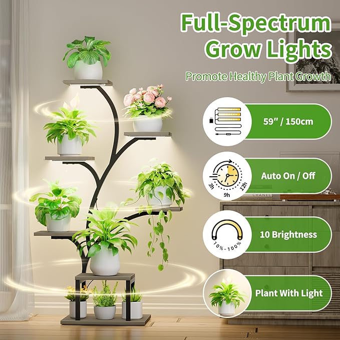 Plant Stand Indoor with Grow Lights, 7 Tiered Indoor Plant Shelf, 49" Corner Plant Stands for Indoor Plants, Metal Plant Flower Display Shelf, Tree-Shaped Plant Rack for Home, Patio, Grey