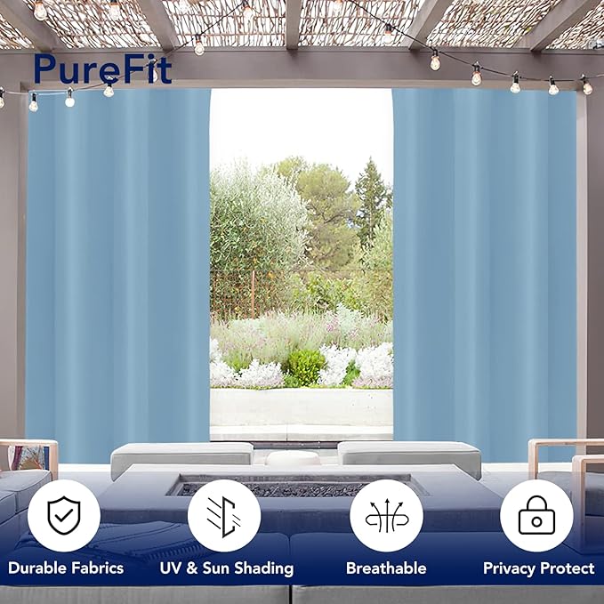 PureFit Outdoor Curtains for Patio Waterproof Weatherproof, UV Resistant Outside Curtains for Gazebo, Front Porch, Pergola, Sun Blocking Privacy Curtain, 52W x 84L inch, 1 Panel, Sky Blue