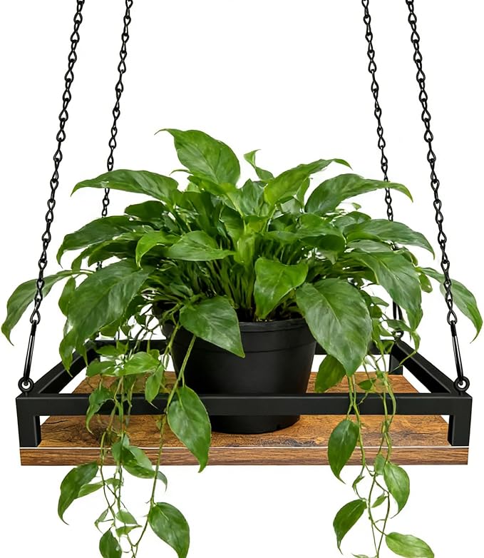 Plant Hanger Indoor, 11.8" Wooden Hanging Plant Holder with Metal Frame Hanging Planter for Indoor Plants Load 50LB Hanging Plant Shelf with 27.6" Long Chain, Ideal for Heavier Pots Window Ceiling