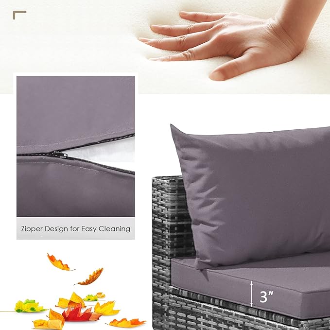 Tangkula 7 Pieces Wicker Patio Furniture Set, All-Weather Outdoor Rattan Sectional Sofa Set with Cushions & Tempered Glass Coffee Table, Outside Sofa Set for Garden, Lawn, Deck, Backyard (Grey)