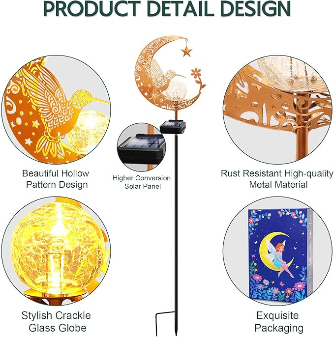 ZNYCYE Solar Lights Outdoor Decorative Moon Hummingbird Solar Stake Lights Birthday Gifts for Women mom Grandma,Hummingbird Garden Decor Waterproof for Walkway, Yard, Lawn, Patio (Warm White)