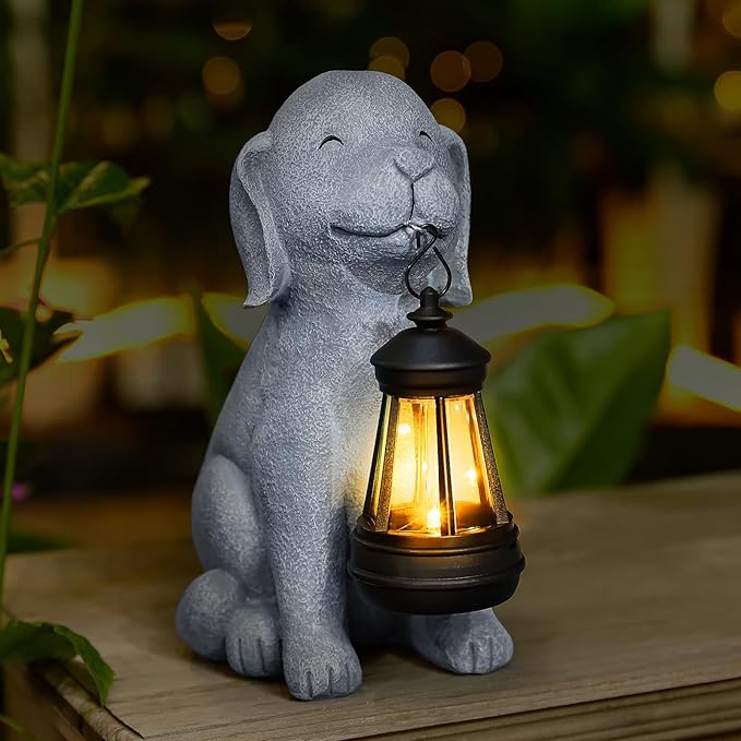 Solar Dog Garden Statue with Lantern, Outdoor Waterproof Dog Figurine Decor for Patio Yard Lawn, Birthday Garden Gifts for Women Mom Grandma, Housewarming Gift