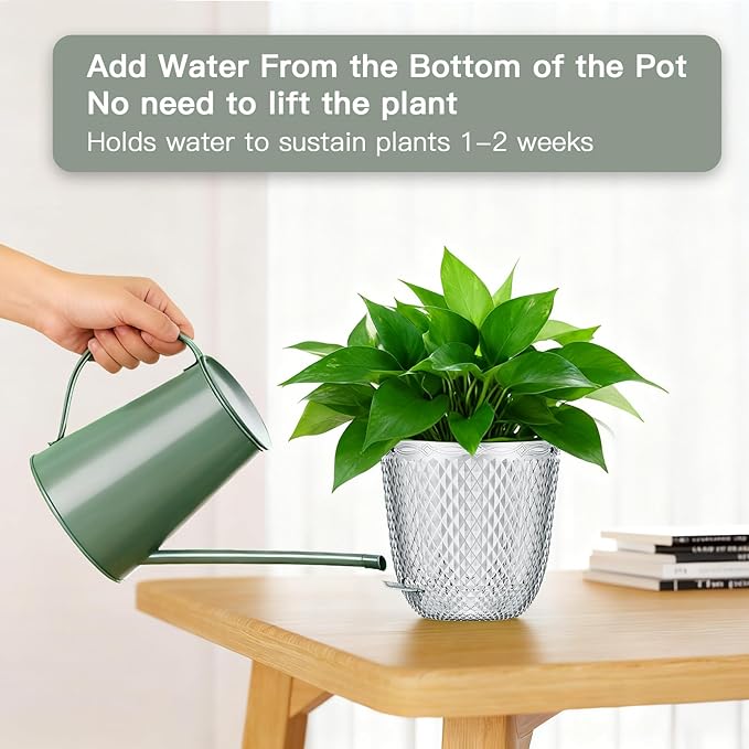 QCQHDU 2 Pack Self Watering Pots, 5.7 Inch Flower Pots with Drainage Holes and Water Filling Port, Garden Planter for Indoor Outdoor Plants (Clear)