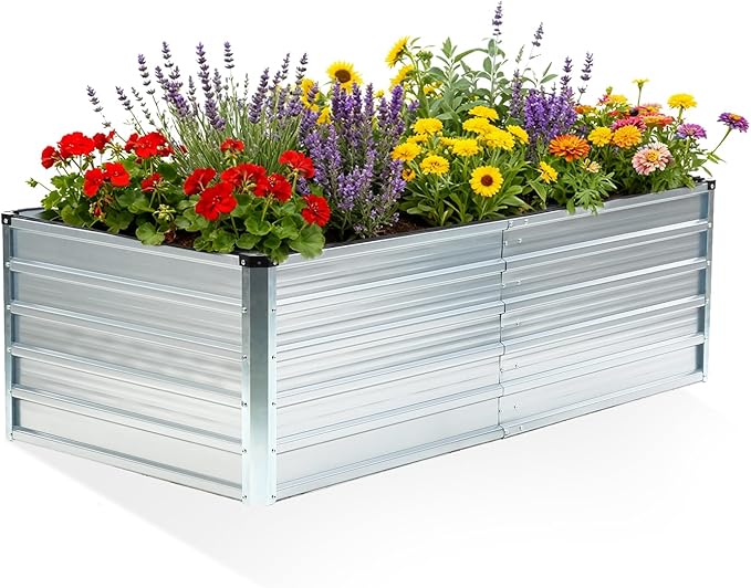 DUMOS Raised Garden Bed Outdoor, 6x3x2ft Planter Box Outdoor for Deep-Rooted Herbs/Flowers/Vegetables, Large Metal Garden Bed for Patio, Balcony and Backyard, Silver