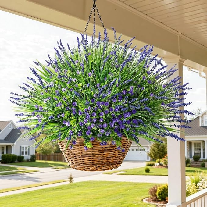 HyeFlora 20 Bundles Artificial Fake Outdoor Plants Flowers for Spring Decoration, UV Resistant Realistic Purple Plastic Flowers Faux Plant Monkey Grass for Planter Home Garden Porch Patio Window Box